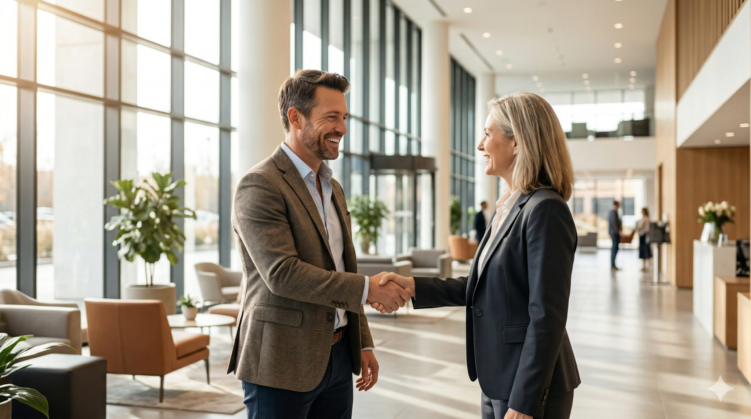 Small business owner shaking hands with an SBA lender in a modern commercial building lobby