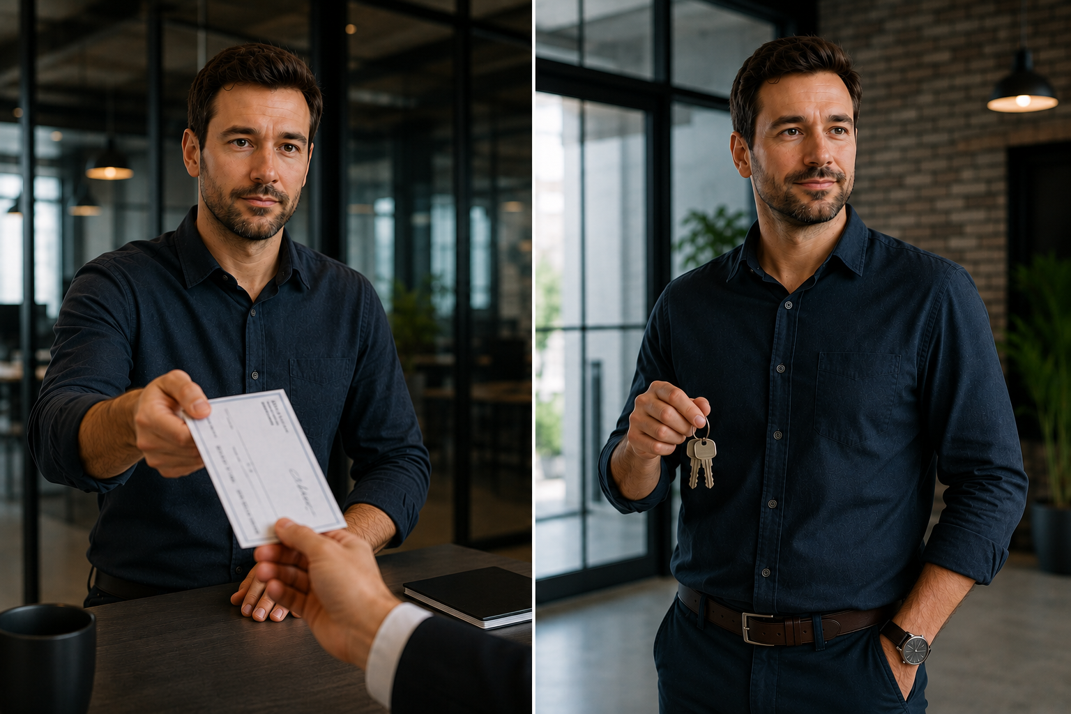 rent vs own building for business utah business owner handing over check for rent and holding keys for building